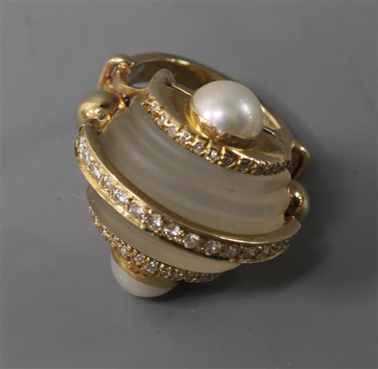 A Walsh Bros 9ct gold, diamond, split pearl and rock crystal? dress ring, size L.
